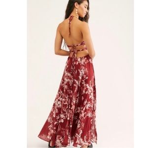 Free People Size L Maroon Red Floral LILLIE Boho Maxi Halter Dress Back Ties